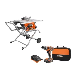 Cheap 👏 RIDGID 10 In. Pro Jobsite Table Saw With Stand And 18-Volt Cordless Drill/Driver Kit With (1) 2.0 Ah Battery, Charger, Tool Bag 😉