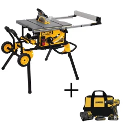 Hot Sale 👏 DEWALT 15 Amp Corded 10 In. Job Site Table Saw With Rolling Stand And Bonus Atomic 20-Volt Lithium-Ion 1/2 In. Drill Driver Kit 🤩